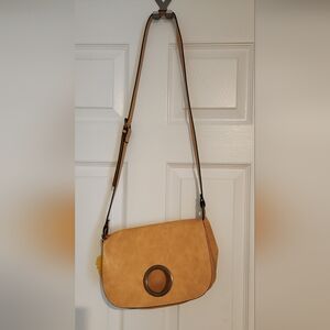 Leather-Effect Tan Crossbody Bag with Metal Ring Accent